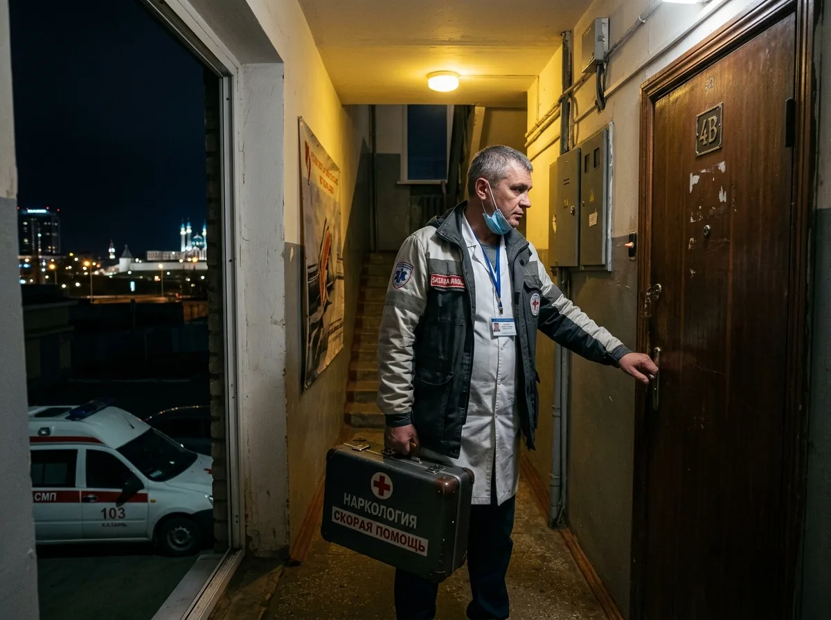 Нарколог на вызове приезжает к пациенту, врач у двери квартиры с медицинским чемоданчиком, ночной выезд, срочная помощь при алкоголизме в Казани